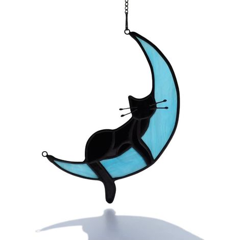 Chat noir dormant sur la lune, décoration de fenêtre en vitrail, décorations pour chats, cadeaux de chats pour les amoureux des chats, cadeaux souvenirs de chats pour les femmes, chats dans la fenêtre (1/5)