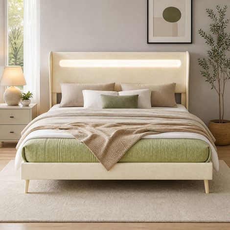 Cama tapizada 160x200 cm con cabecero LED regulable, beige, DESVIAE (1/5)