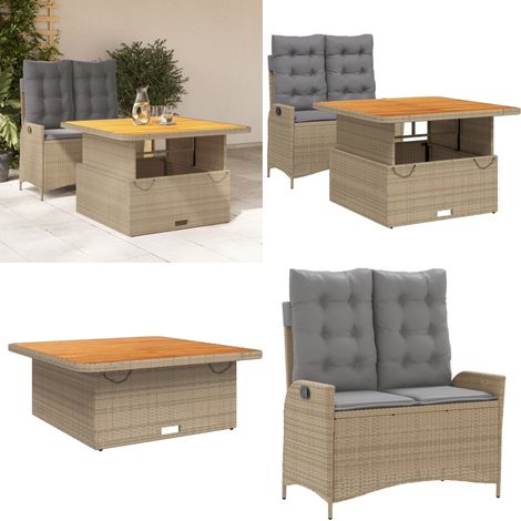 Set comedor de jardín 2 pzas con cojines ratán sintético beige - Banco de jardín - Mesa de jardín