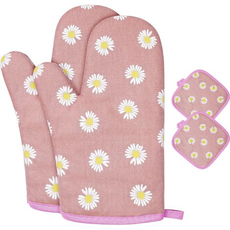 Paire Gants Cuisine Coton Rose avec 2 Maniques Lavables (1/4)