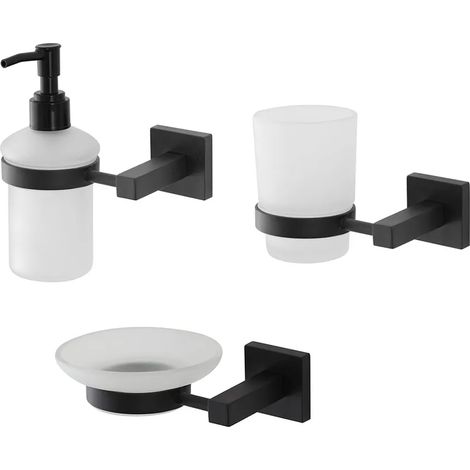 Set accessori a muro 3 pezzi in vetro e acciaio nero opaco e viti incluse Levante (1/4)