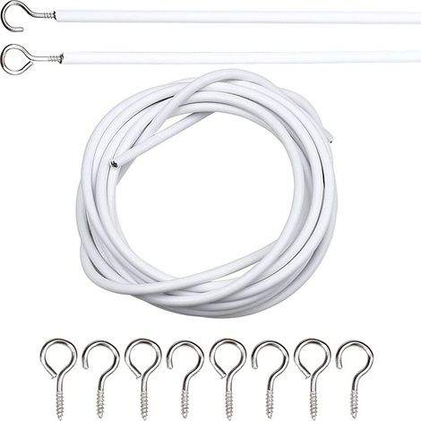Corde à ressort gainée de PVC de 2 mètres, œillet, 4 crochets en forme de point d'interrogation, 4 accessoires pour rideaux et ameublement