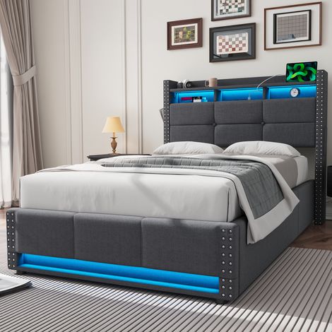 Cama canapé 90x200 cm con almacenamiento hidráulico, LED y puertos USB, cabecero, tapizada en tejido efecto lino, gris oscuro (1/5)