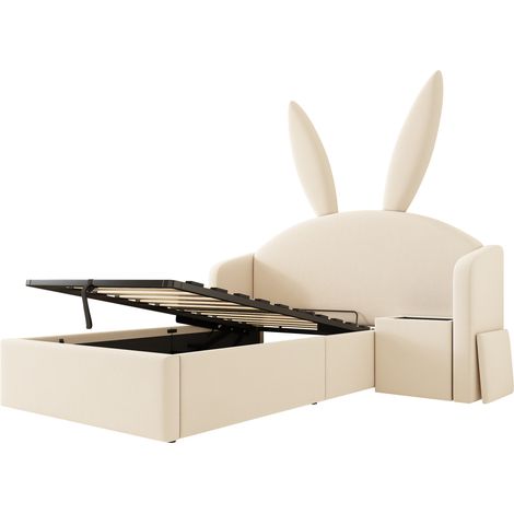 Cama infantil 90x200 cm en terciopelo beige con arcón hidráulico y mesita HOMVRA (1/5)