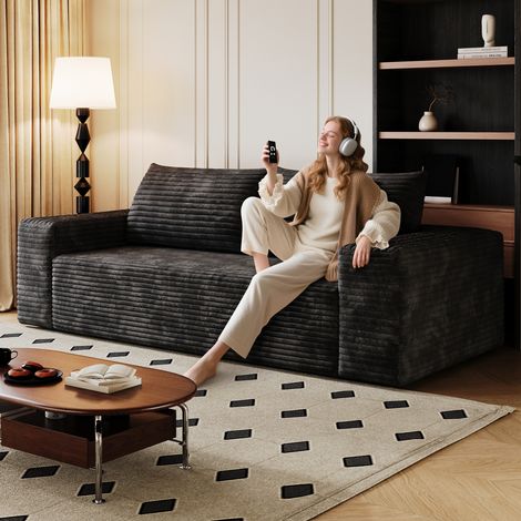 Modulares 2-Sitzer Sofa aus Cord mit tiefer Sitzfläche, ohne Montage, Schwarz