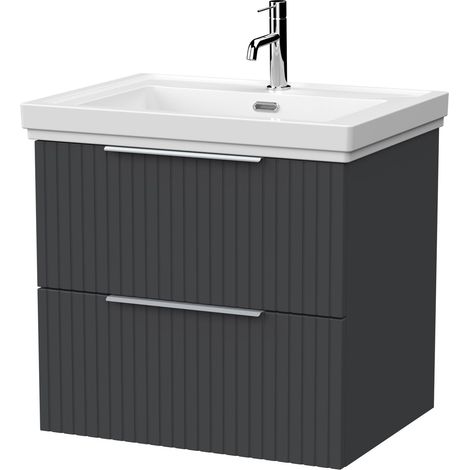 Callingwood Contemporary Wall Hung 2 Drawer Vanity Unit with Traditional 1 Tap Hole Fireclay Basin , 600mm, Dark Grey