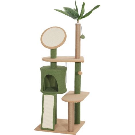 Kratzbaum 139 cm Katzenbaum mit Katzenhöhle, Spielball, Katzenkratzbaum mit Sisal-Kratzsäulen, für Katzen bis 5 kg, Grün