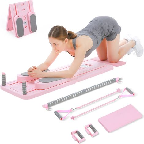 Pilates Board Foldable Multifunctional Training Board 12 Piece Set with Pull Bar Resistance Bands Push Up Handles 106 x 41 cm-Pink (1/5)