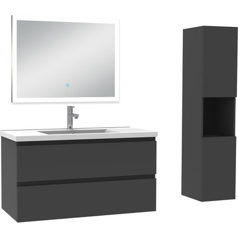Acezanble Ensemble meuble Salle de Bain 100cm avec vasque et colonne et miroir lumineux dimmable anthracite (1/5)