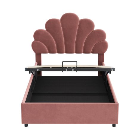 Polsterbett Doppelbett, Bettrahmen mit blumenförmigem Kopfteil und Lattenrost, Erwachsenen-Jugendbett in hautfreundlichem Samtstoff