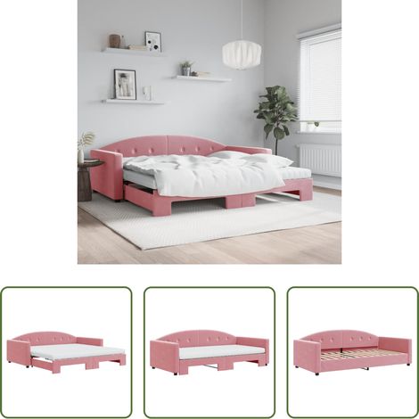 Lit gigogne -  Lit de jour avec lit gigogne et matelas rose 100x200 cm velours (1/5)