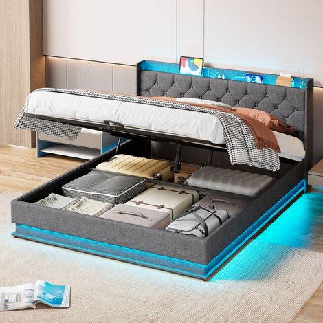 Lit coffre 160x200 cm LED USB tête de lit rembourrée gris foncé (1/5)