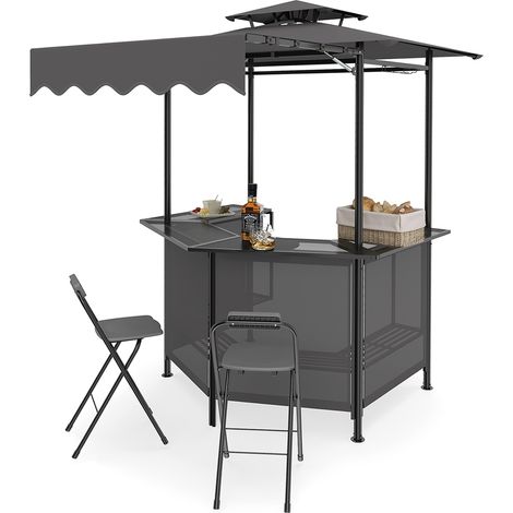 Tonnelle de Barbecue Extérieure, Ensemble de Bar de Jardin 3 Pcs, Table de Bar avec 2 Tabourets, Auvent d’Ombrage, Double Toit, Porte-verres, Gris (1/5)