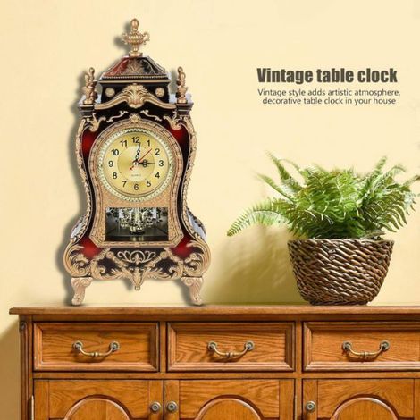 Horloge,horloge murale de table de style européen avec détails ornés et finition vintage,horloge de cheminée antique -marron rouge (1/5)