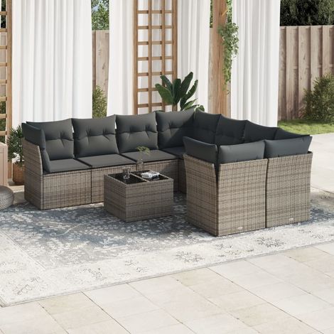 Salon de jardin 9 pcs avec coussins gris résine tressée vidaXL (1/3)
