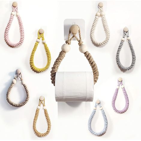 Porte-Rouleau De Papier Toilette - Macramé Avec Perles Bois - Fixation Sans Perçage - Pour Salle De Bains Douche Miroir Mur - Jaune - 1 Pièce (1/5)