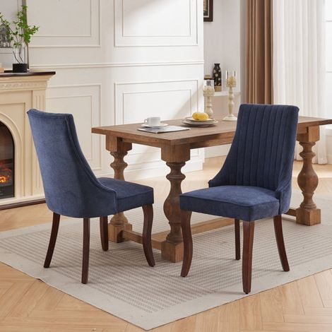 Chaise salle à manger rembourrée - 2 pièces - Tissu lin bleu cannelé, bois massif - Confort (1/5)