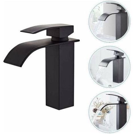 Robinet Salle de Bain et Deux Tuyaux d'Entrée, Robinet Lavabo avec Eau Froide & Chaude Disponible, Design Moderne de Cascade Robinet Lavabo, Conception Durable de Corps de Valve de Cuivre Noir (1/5)