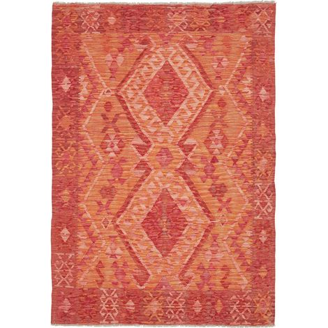Tapis kilim 128 x 185 cm, motif ethnique, orange, rose et rouge, en laine naturelle, tissé à plat, style authentique (1/5)