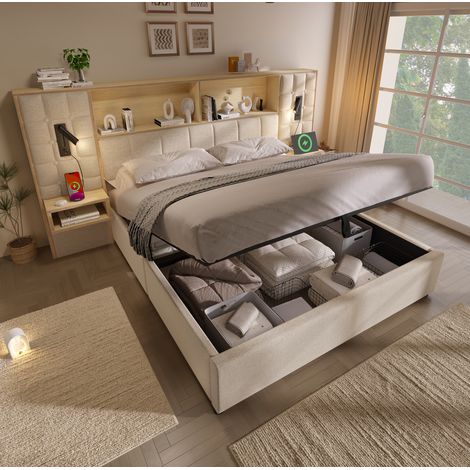 Cama tapizada vintage 160x200 cm beige, lino, arcón hidráulico, 2 mesitas, LED, USB-C, somier de láminas (1/5)