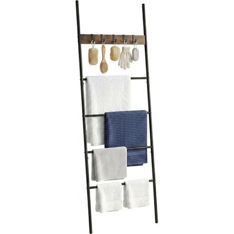 Handtuchleiter mit 4 Sprossen und 5 Haken – Braun, Stahl & MDF (1/5)
