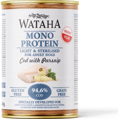 Wataha mono light & esterilizado proteína para perros adultos 94,6% bacalao con chirivía 400 g (1/2)