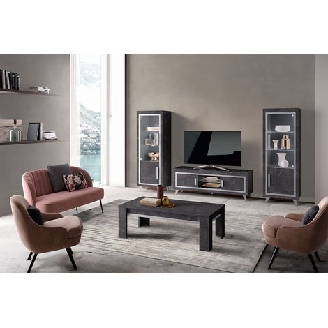 GUEDA - Ensemble Salon Complet Effet Marbre Anthracite Meuble TV et Vitrines avec Leds + Table Basse (1/5)
