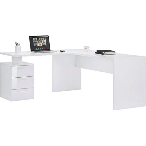 Dmora - Escritorio Dguarin, Escritorio esquinero porta PC, Mesa de oficina multiusos, Escritorio multiposición ahorra espacio, 100% Made in Italy, cm 160x60h75, Blanco brillo