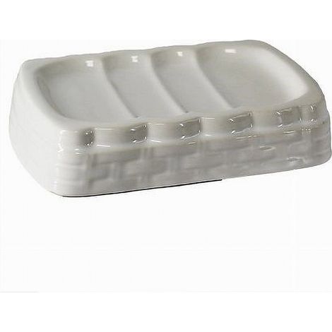 TRADE SHOP - Porta Sapone Saponetta Stile Vimini Rattan Bianco In Ceramica Arredo Bagno 10349 -