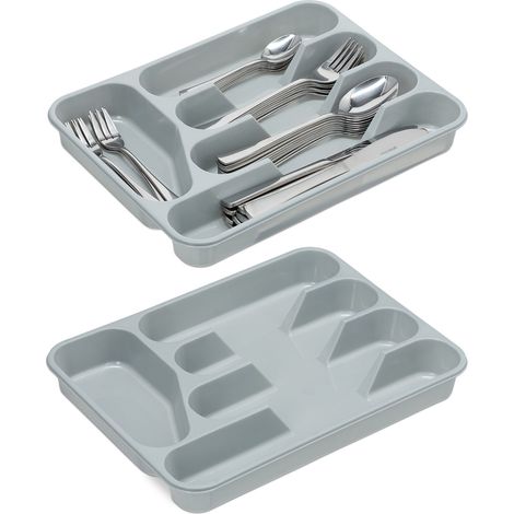 Relaxdays Pack de 2 Cuberteros, Organizador Cubiertos Cajón, Bandeja con 5 Compartimentos, Plástico, 4x25x33 cm, Gris