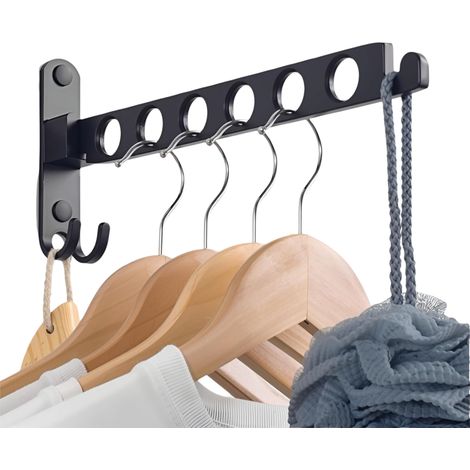 Porte-Vêtements Pliable - Aluminium - 6 Crochets Ronds - Fixation Murale - Pour Balcon Salle De Bain Buanderie - Noir - 1 Pièce (1/5)