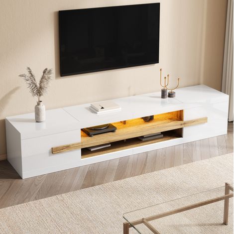 MODFU – Mueble TV 200x40x38 cm de aglomerado con 2 puertas, nichos y LED por app, carga 45 kg – Blanco (1/5)