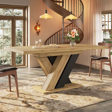 Mesa de comedor extensible 119-158.5 x 80 cm tablero Color de madera natural patas en forma de X para cocinas y salones (1/5)