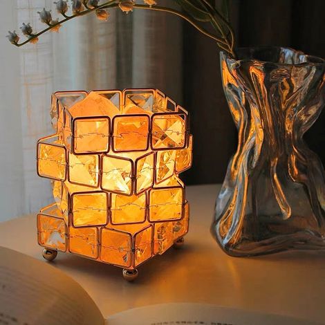 Lampe en sel de l'Himalaya naturelle, lampe unique à intensité réglable, lampe en cristal de sel à brancher, veilleuse pour chambre ou bureau (bloc de cristal) - USB à trois couleurs (1/5)