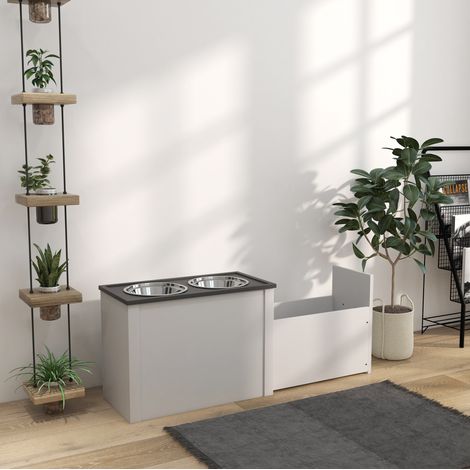 Station d'alimentation pour chien avec rangement, 2 bols inox, blanc OKMYHOME (1/5)