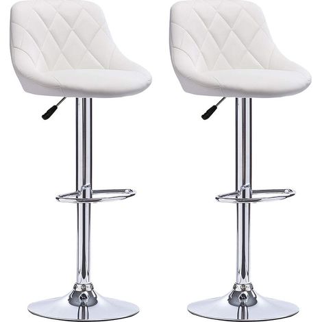 ®Tabouret de bar 2, chaise de cuisine moderne, avec dossier repose-pieds sans accoudoir en similicuir chromé design pivotant réglable en hauteur, blanc (1/5)