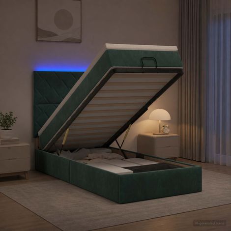 vidaXL Lit coffre avec matelas et LED Vert foncé 100 x 200 cm Velours (1/5)