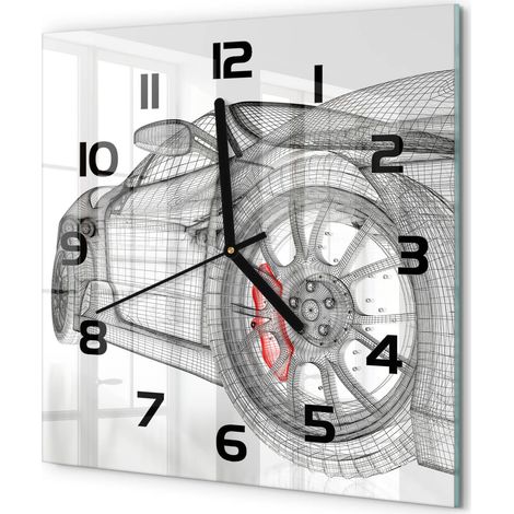 Horloge Murale Carrée Bureau en Verre Trempé Silencieuse Design Contemporain Calandre de voiture 30x30 cm (1/5)