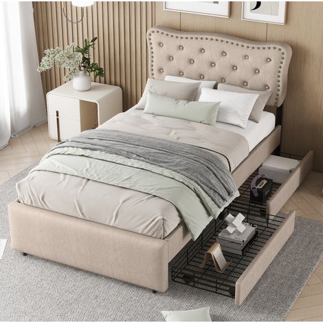 Cama 90x200 Cm Lino Beige Oscuro, Cabecero Tapizado Clavos Decorativos Y 2 Cajones Almacenaje (1/5)