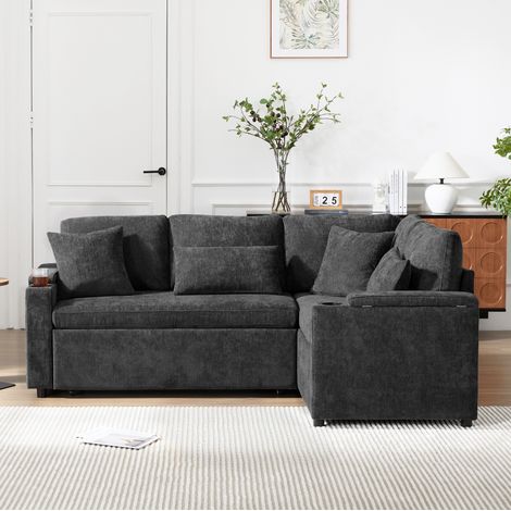 Canapé d'angle convertible avec coffre, porte-gobelet, port USB et 4 coussins, gris foncé HAVRYA (1/5)