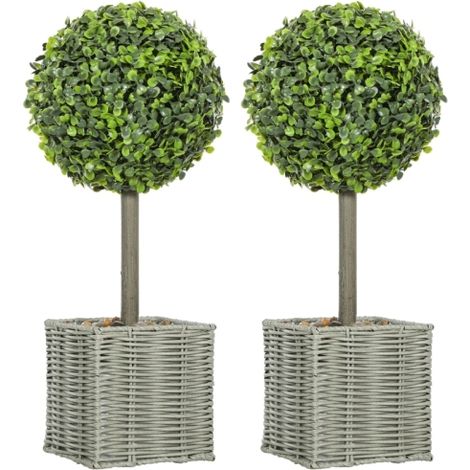 Lot de 2 boules de buis artificielles 50 cm, en pot tressé vertes UV, pour intérieur et extérieur