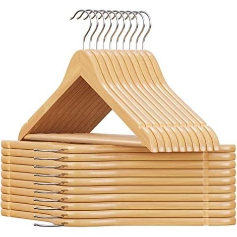 Wooden clothes hangers, set of 20, with non-slip grooves, non-slip bar for trousers, 360° rotating hook, for suits, shirts, coats, wood color