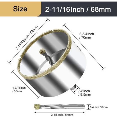 NALOOKAMIC Scie cloche diamantée de 68 mm avec foret de centrage, couronne de forage creuse diamantée pour verre, carrelage, céramique, marbre, granit