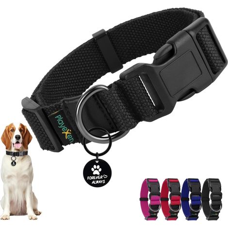 Collier Chiot, Collier pour Chien en Coton Doux, Collier Chat Anti étranglement Réglable, Collier Accessoires avec Médaille Amovible pour Chiot Petit Animal Moyen Grande, 35-50/2,5cm (M), Noir (1/5)