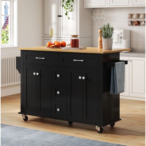 Chariot de cuisine 140x40(65)x89 cm noir/naturel avec plateau extensible et grand rangement (1/5)