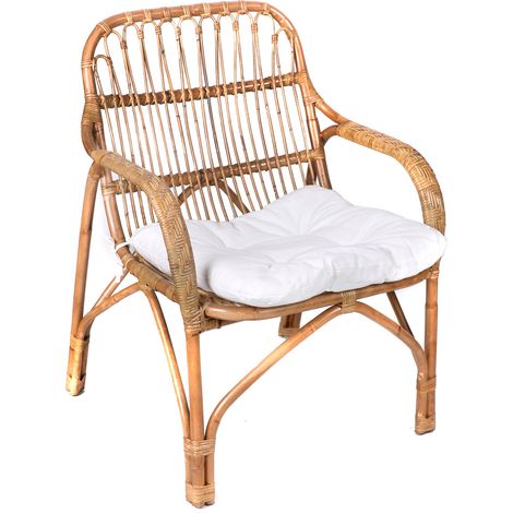 Fauteuil 70x67x89,5 cm en rotin naturel et coussin blanc