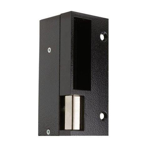 Gâche électrique en applique gauche tirante – Aluminium noir – 120mm hauteur – 52mm largeur – 12V CC – Fonctionnement à émission – Beugnot