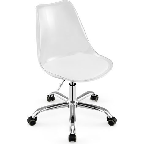 COSTWAY Transparent Office Chair with Cushion PET Seat PU Padded Armless Swivel Stool Modern Vanity Chair (1/5)