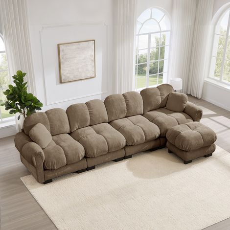 Canapé d'angle modulable 4 places - chenille ottoman capitonné dossier ergonomique - tissu chenille - marron (1/5)