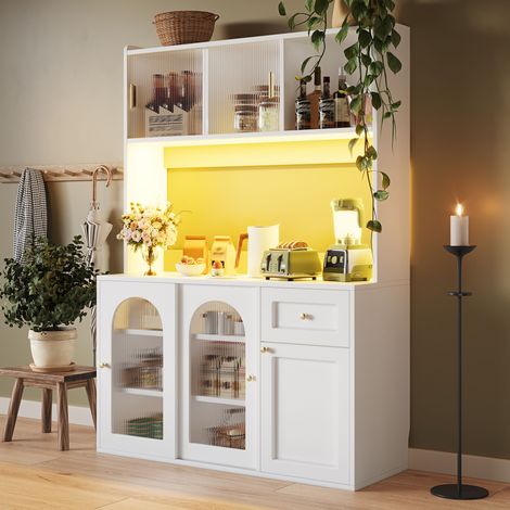 Buffet haut blanc avec éclairage LED, armoire de cuisine à étagères ajustables, vitrine de salle à manger, meuble de rangement pour vaisselle.